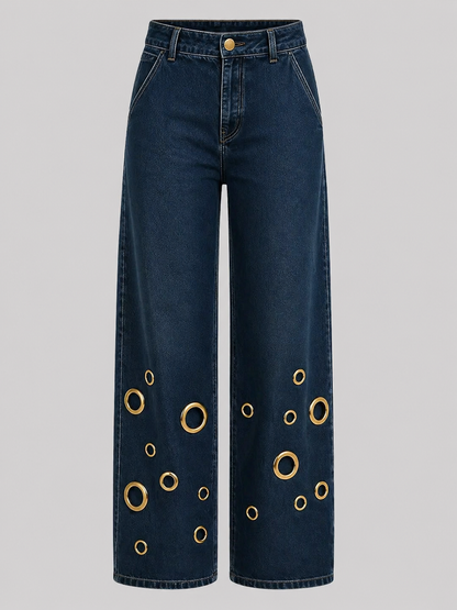 High-waisted Loose-fit Denim Jeans With Cutout Detailing And Metal Eyelets