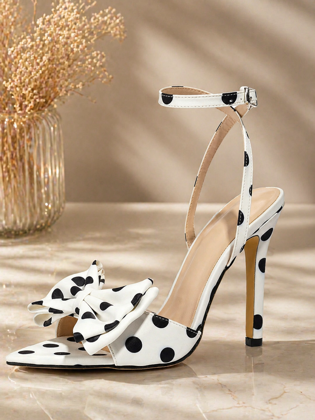 Elegant High-end Silk Heels With A Delicate Polka-dot Pattern And A Refined Bowsoft Graceful And Utterly Sophisticated