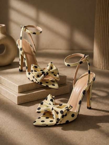 Elegant High-end Silk Heels With A Delicate Polka-dot Pattern And A Refined Bowsoft Graceful And Utterly Sophisticated