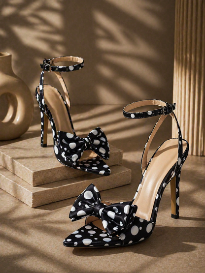 Elegant High-end Silk Heels With A Delicate Polka-dot Pattern And A Refined Bowsoft Graceful And Utterly Sophisticated