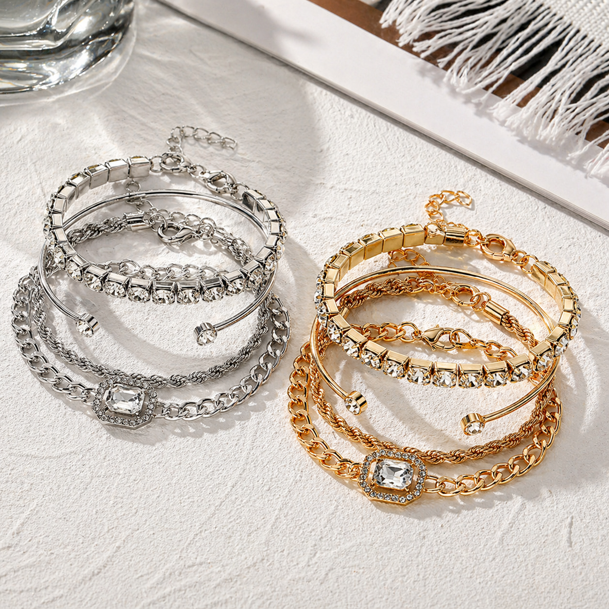 Artistic Retro Versatile Metal Chain Square Diamond 4-piece Set
