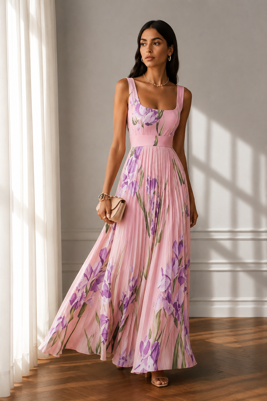 Floral Print Pleated Dress Summer A-Line Sleeveless Midi Dresses Women's Clothing