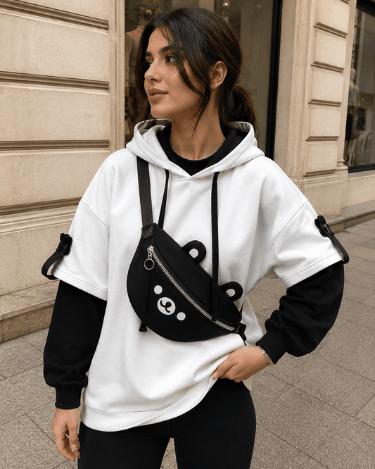 Kawaii Bear Hoodie with Built-In Crossbody Bag – Cozy & Cute Streetwear 🐻🖤