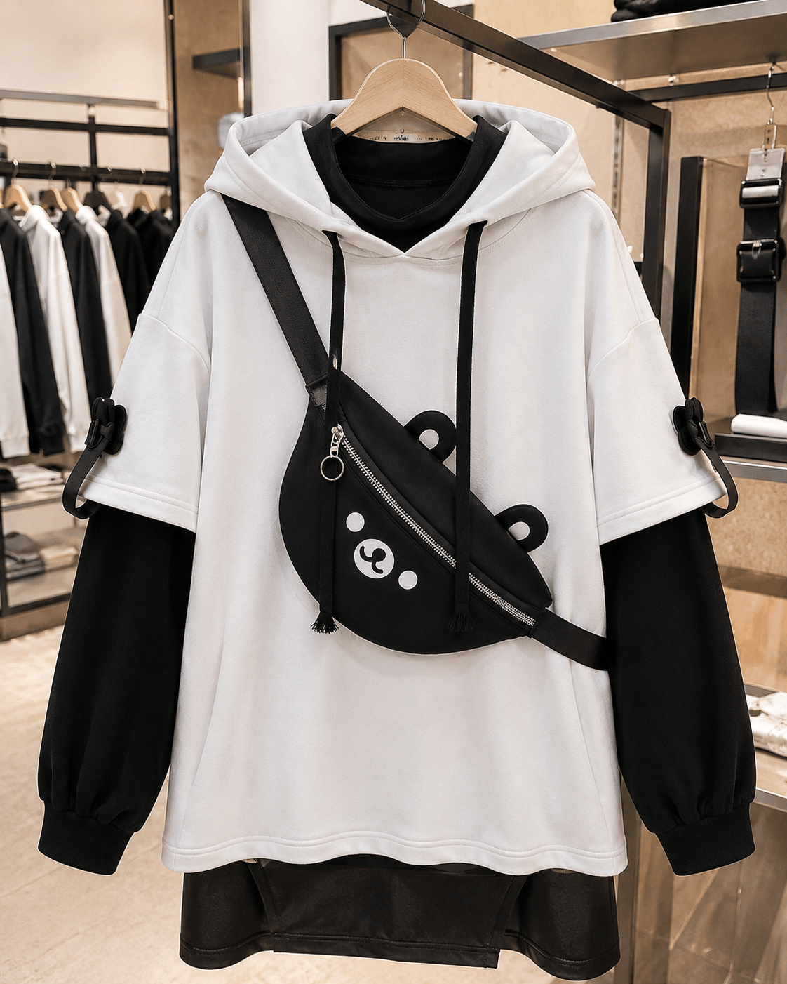 Kawaii Bear Hoodie with Built-In Crossbody Bag – Cozy & Cute Streetwear 🐻🖤