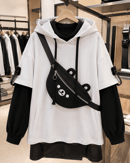 Kawaii Bear Hoodie with Built-In Crossbody Bag – Cozy & Cute Streetwear 🐻🖤