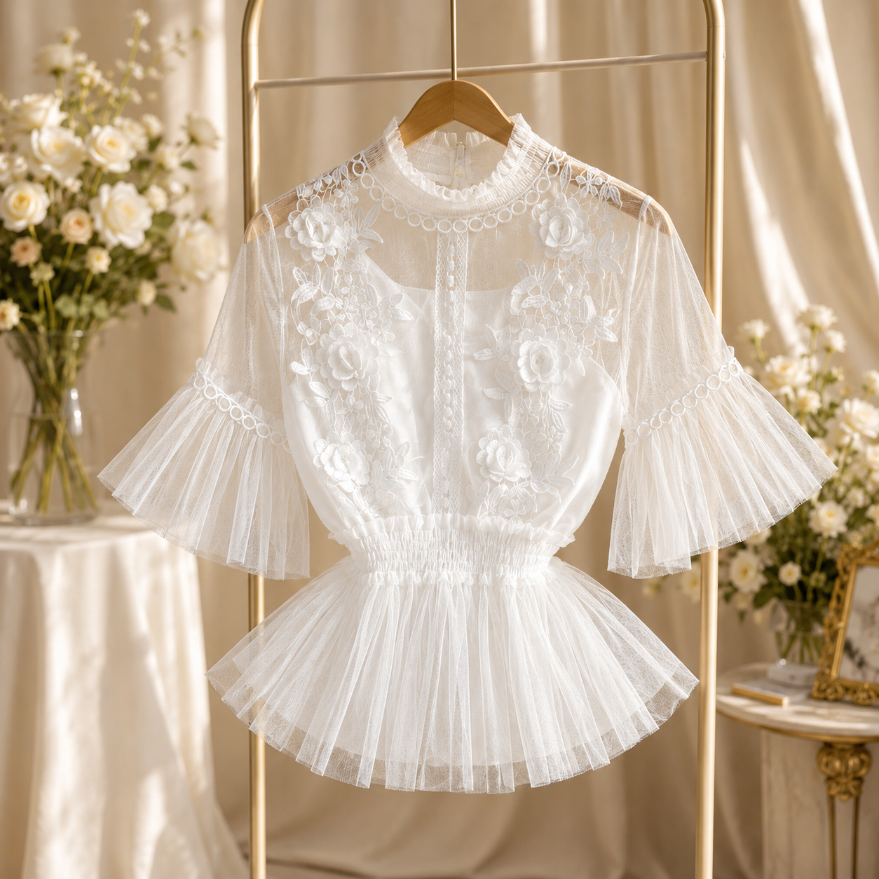 Flower Trumpet Sleeve Waist Lotus Leaf Swing Temperament Stand-Up Collar Mesh Two-Piece Suit
