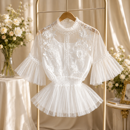 Flower Trumpet Sleeve Waist Lotus Leaf Swing Temperament Stand-Up Collar Mesh Two-Piece Suit