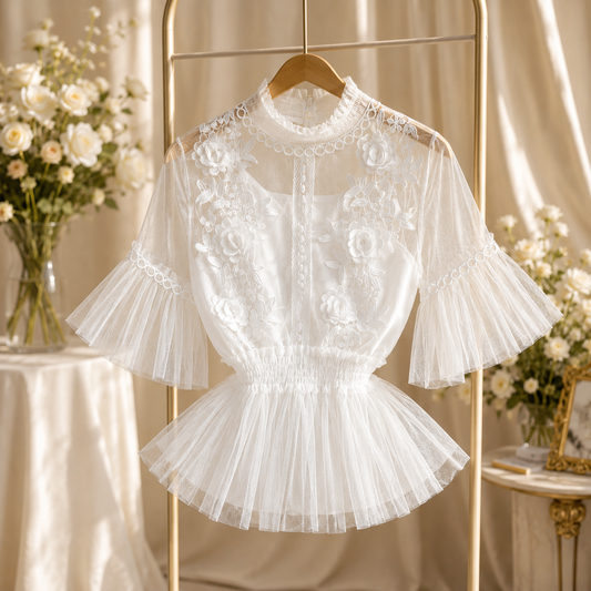 Flower Trumpet Sleeve Waist Lotus Leaf Swing Temperament Stand-Up Collar Mesh Two-Piece Suit