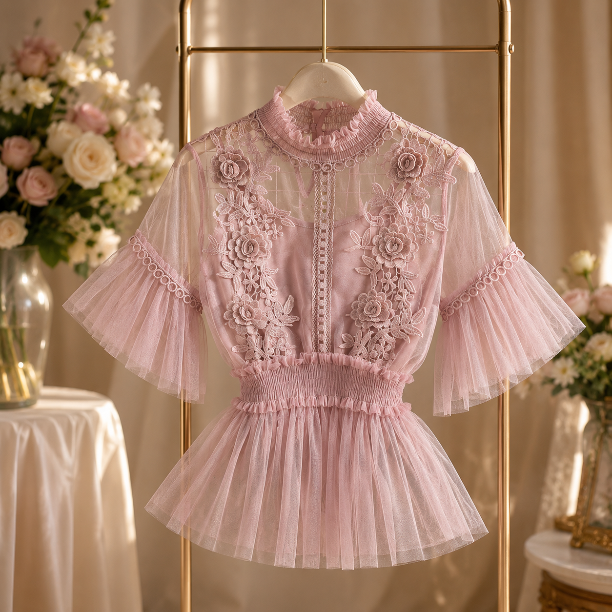 Flower Trumpet Sleeve Waist Lotus Leaf Swing Temperament Stand-Up Collar Mesh Two-Piece Suit