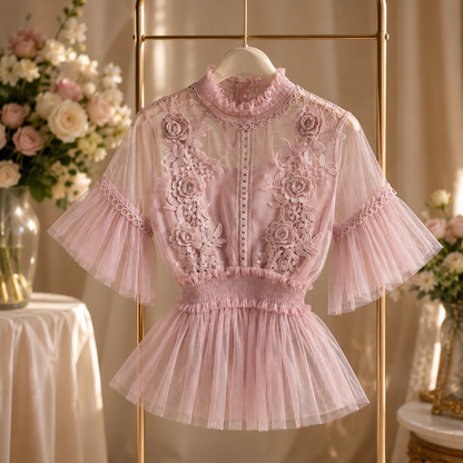 Flower Trumpet Sleeve Waist Lotus Leaf Swing Temperament Stand-Up Collar Mesh Two-Piece Suit