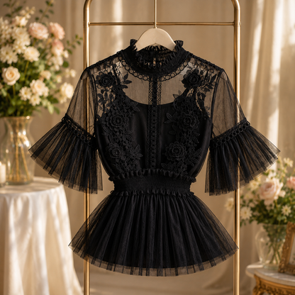 Flower Trumpet Sleeve Waist Lotus Leaf Swing Temperament Stand-Up Collar Mesh Two-Piece Suit
