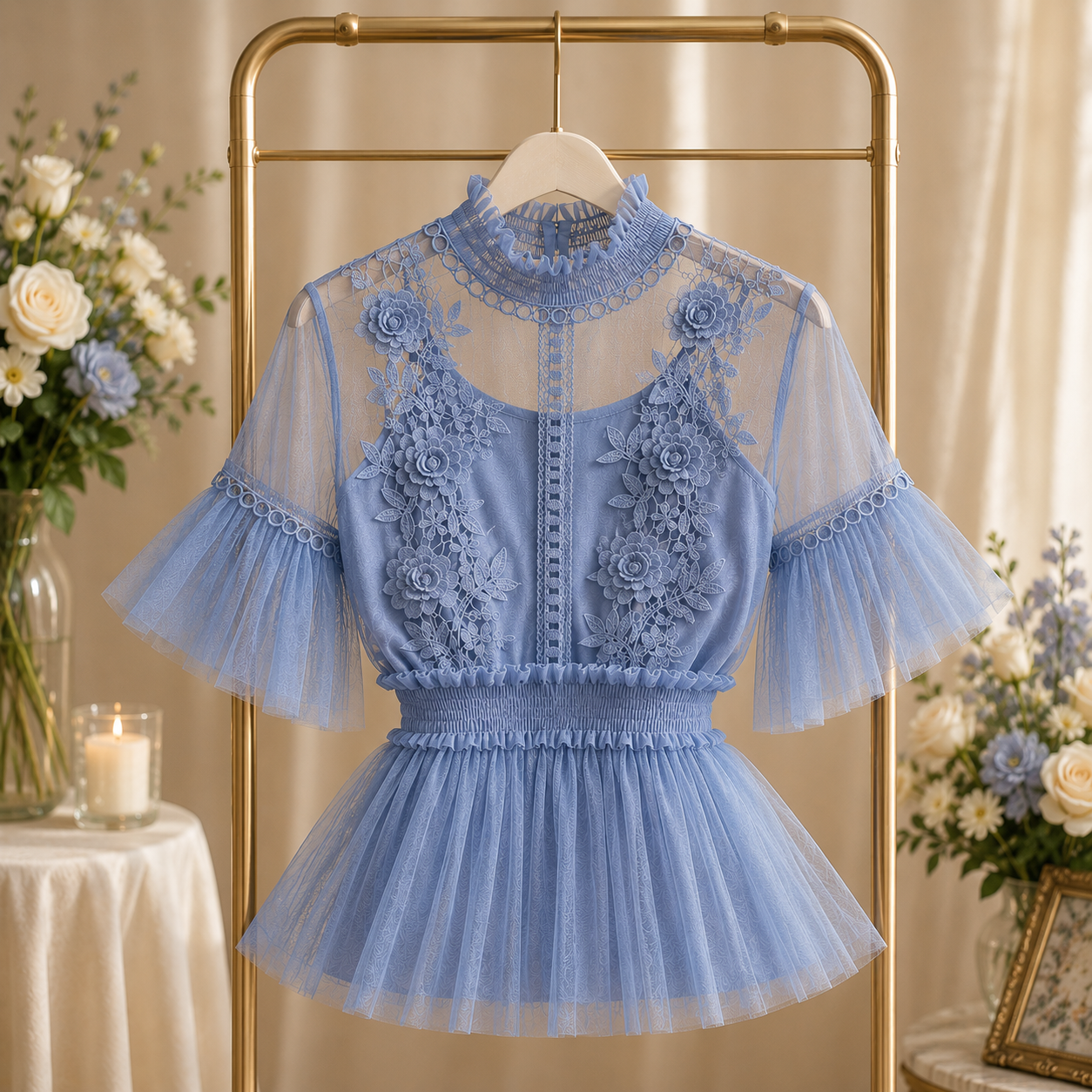 Flower Trumpet Sleeve Waist Lotus Leaf Swing Temperament Stand-Up Collar Mesh Two-Piece Suit