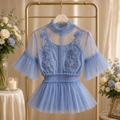 Flower Trumpet Sleeve Waist Lotus Leaf Swing Temperament Stand-Up Collar Mesh Two-Piece Suit