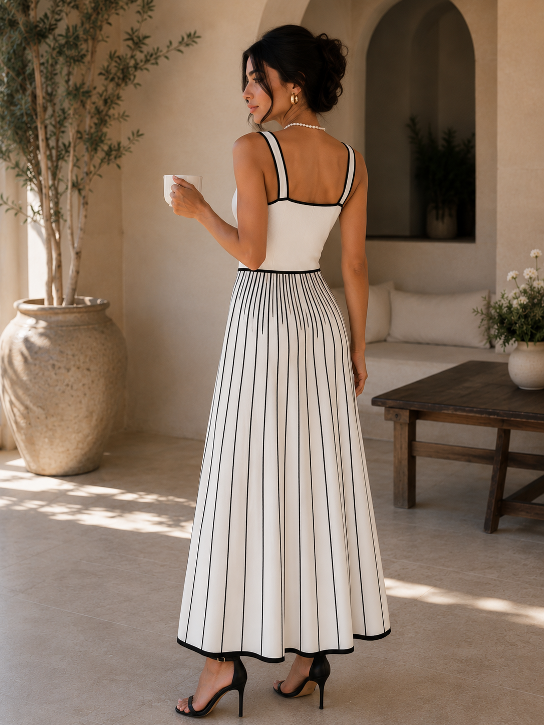 Retro Spaghetti Straps Stripes Patchwork Knitting Dress