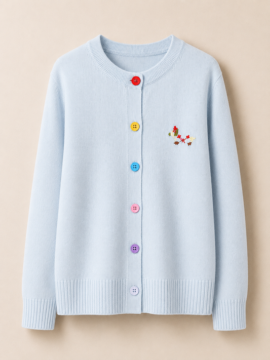 Embroidered Crew Neck Versatile Cardigan Knitted Top