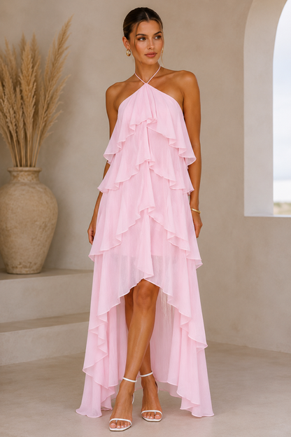 Solid-color Chiffon Tiered Dress With A Halter Neckline And Ruffled Hem