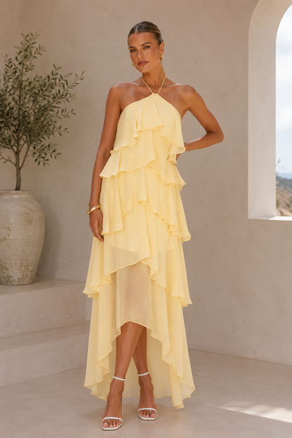 Solid-color Chiffon Tiered Dress With A Halter Neckline And Ruffled Hem