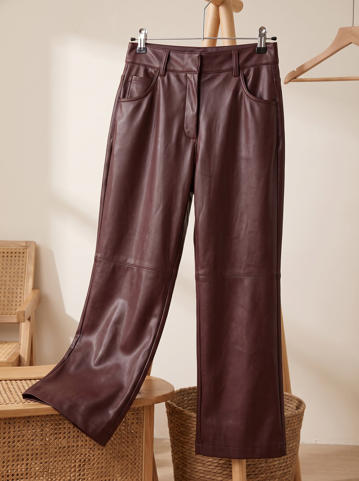 Vintage Collared Faux Leather Coat & High-Waisted Shorts Set with Belt – product view 4