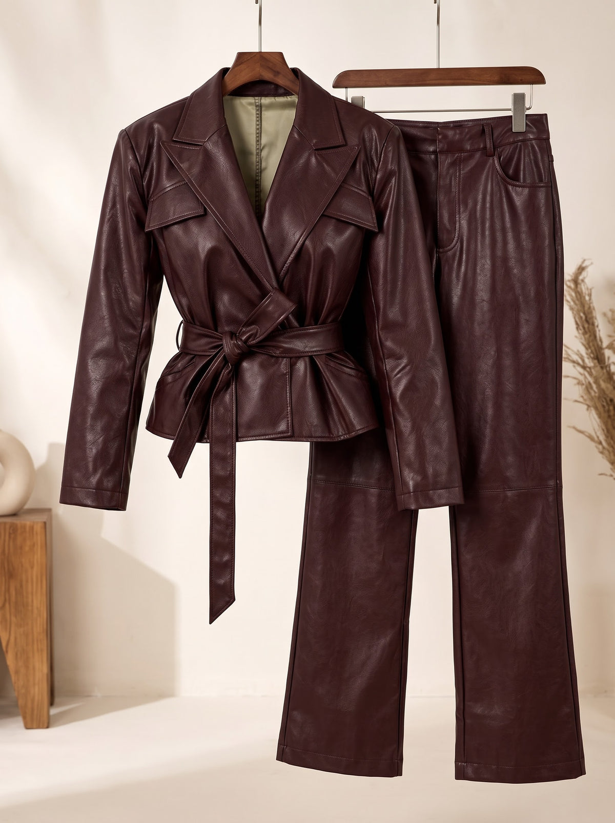 Vintage Collared Faux Leather Coat & High-Waisted Shorts Set with Belt – product view 6