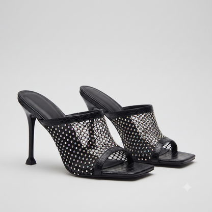 Glamorous Rhinestone Fish-Mouth Stiletto Mules