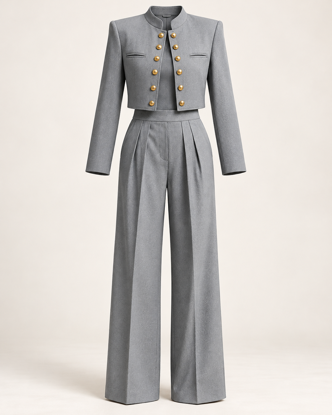 Gray two-piece blazer and trouser set front view
