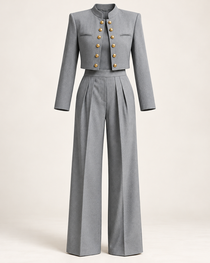 Gray two-piece blazer and trouser set front view