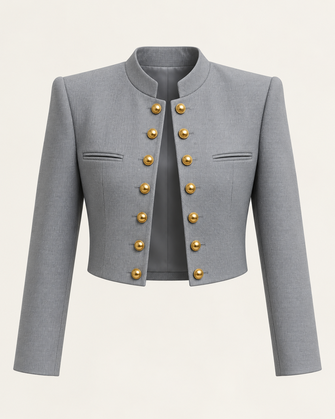 Gray cropped blazer with gold-tone buttons