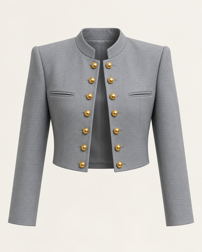 Gray cropped blazer with gold-tone buttons