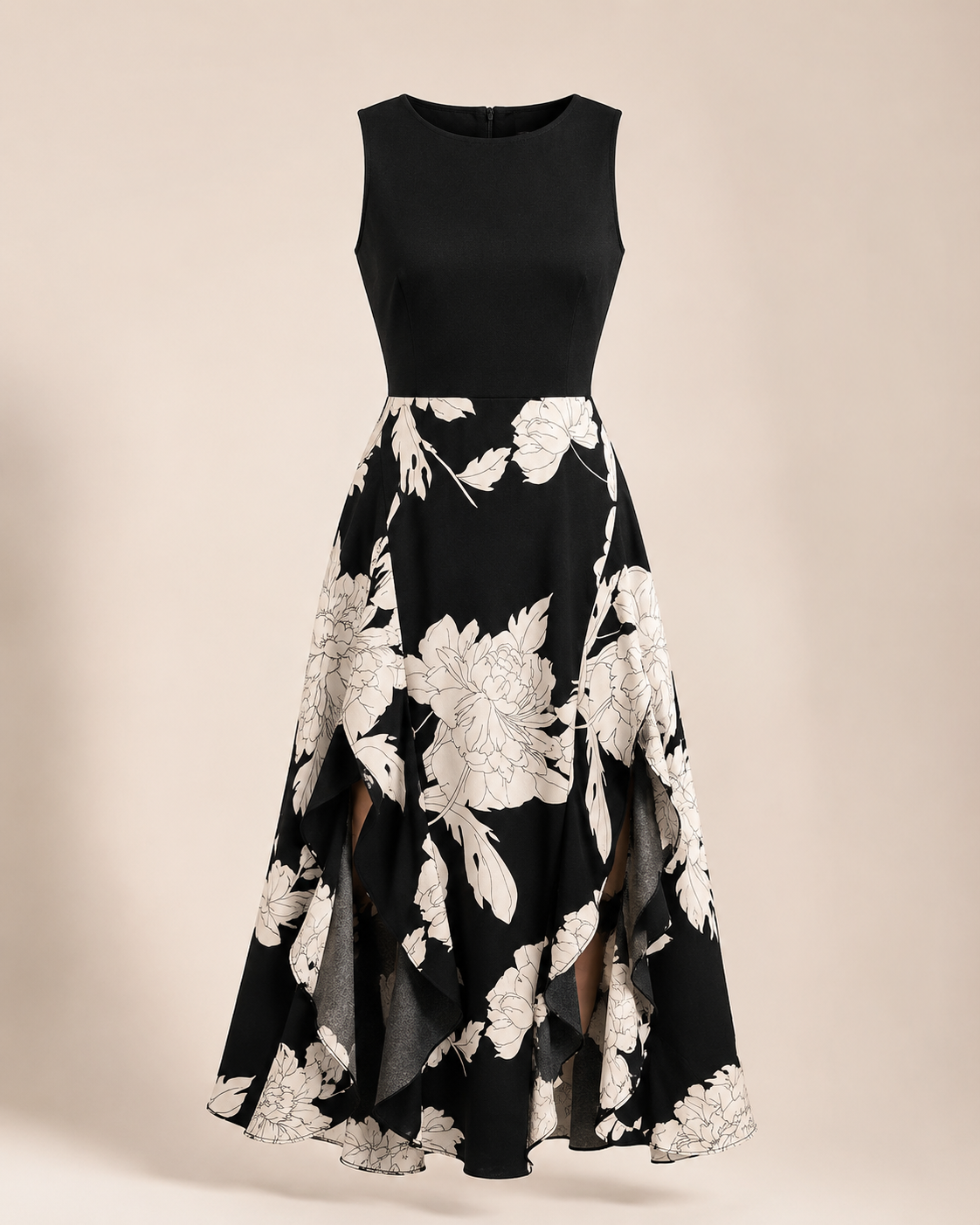 Floral Crew-neck Ruffled Sleeveless Dress