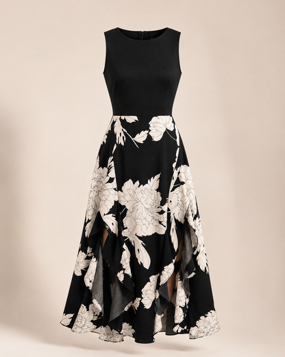 Floral Crew-neck Ruffled Sleeveless Dress