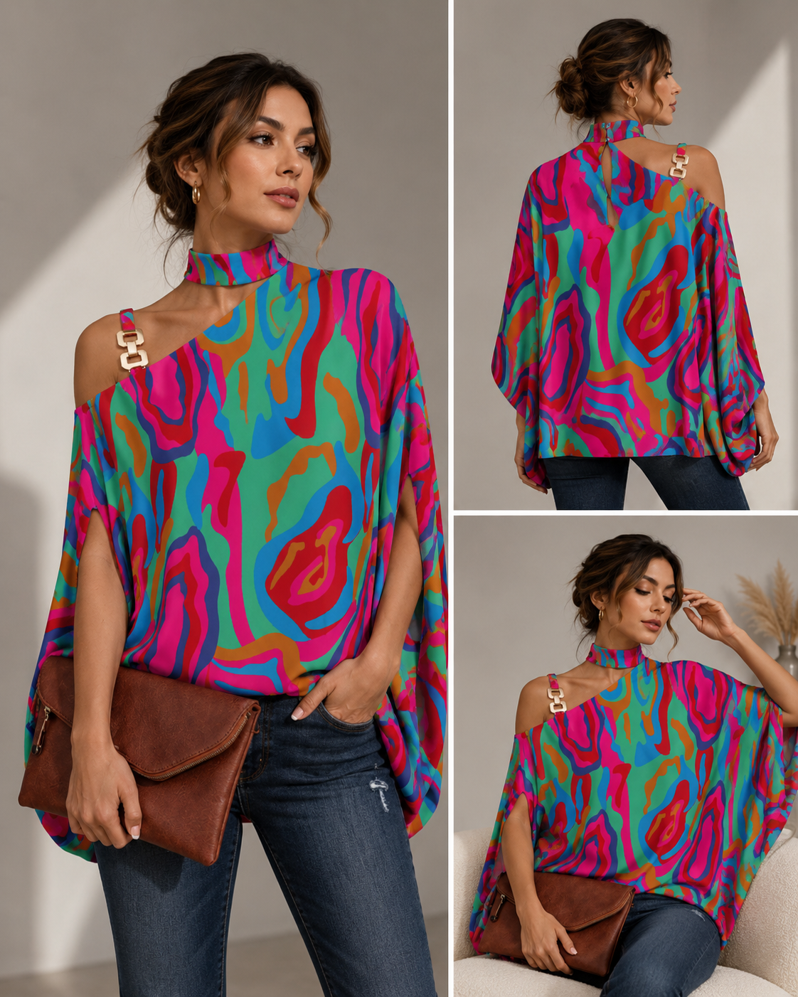 Women's Fashion Bat Sleeve Printed Shirt