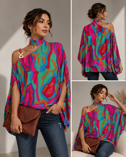 Women's Fashion Bat Sleeve Printed Shirt