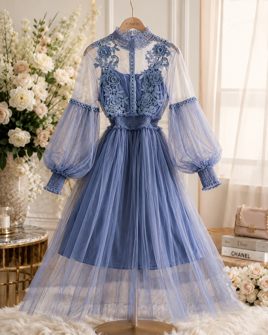 Mesh Graceful Stand Collar Lantern Sleeve High Waist Slimming Suspenders Dress