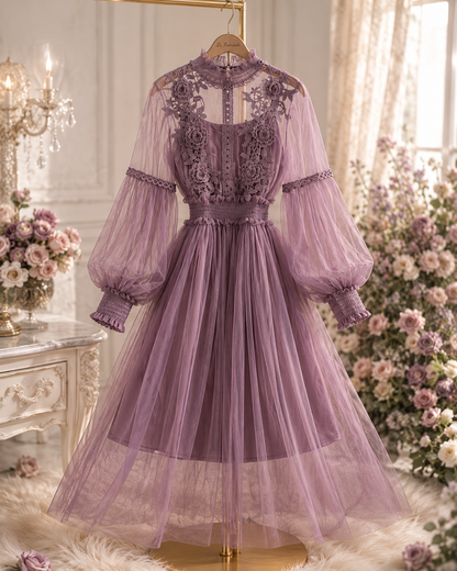 Mesh Graceful Stand Collar Lantern Sleeve High Waist Slimming Suspenders Dress