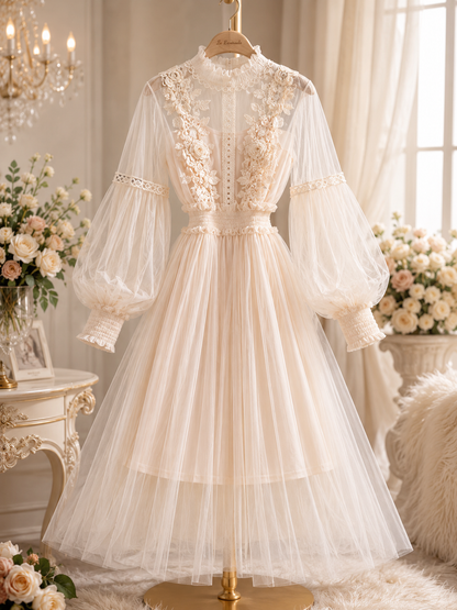 Mesh Graceful Stand Collar Lantern Sleeve High Waist Slimming Suspenders Dress