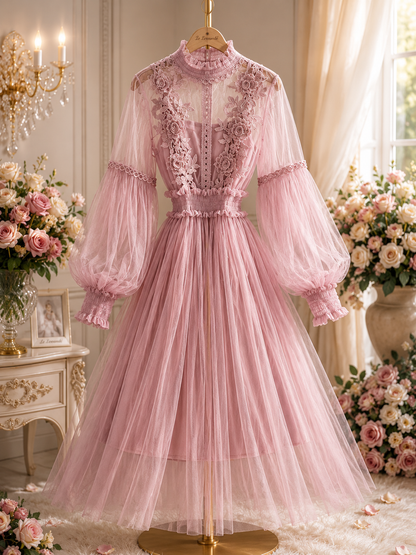 Mesh Graceful Stand Collar Lantern Sleeve High Waist Slimming Suspenders Dress