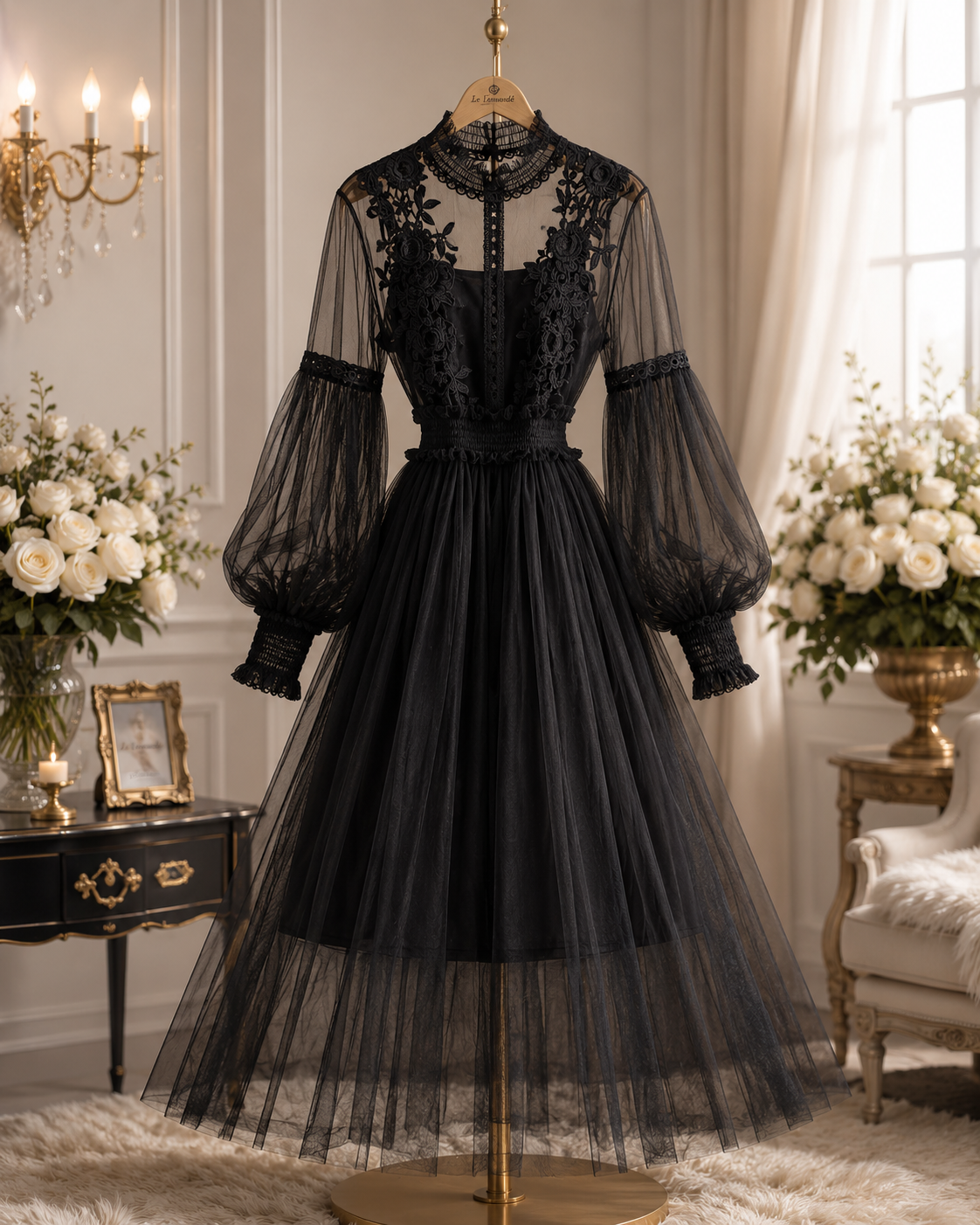 Mesh Graceful Stand Collar Lantern Sleeve High Waist Slimming Suspenders Dress