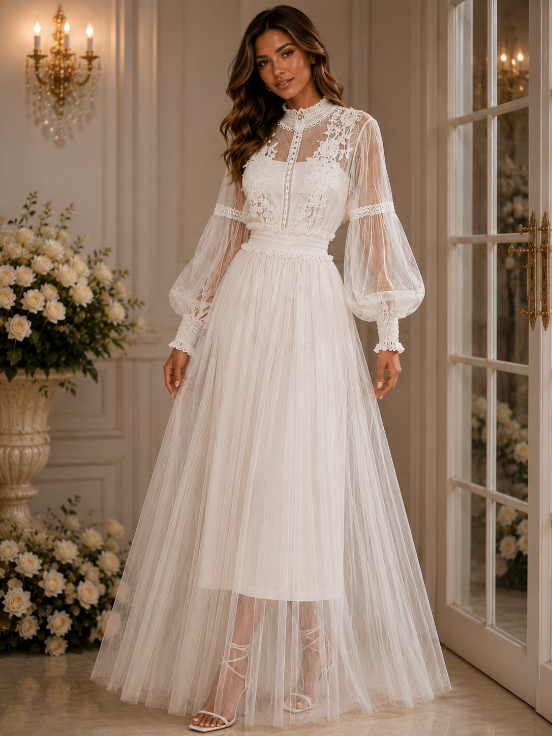 Mesh Graceful Stand Collar Lantern Sleeve High Waist Slimming Suspenders Dress