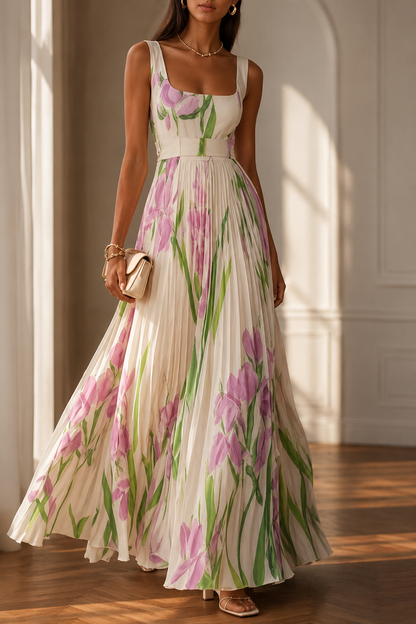 Floral Print Pleated Dress Summer A-Line Sleeveless Midi Dresses Women's Clothing
