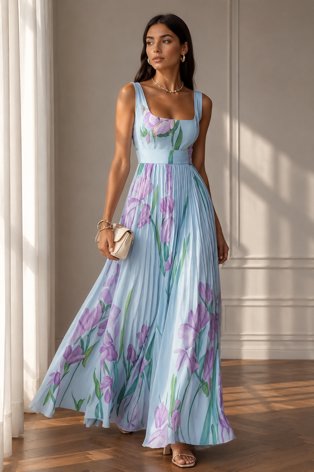 Floral Print Pleated Dress Summer A-Line Sleeveless Midi Dresses Women's Clothing