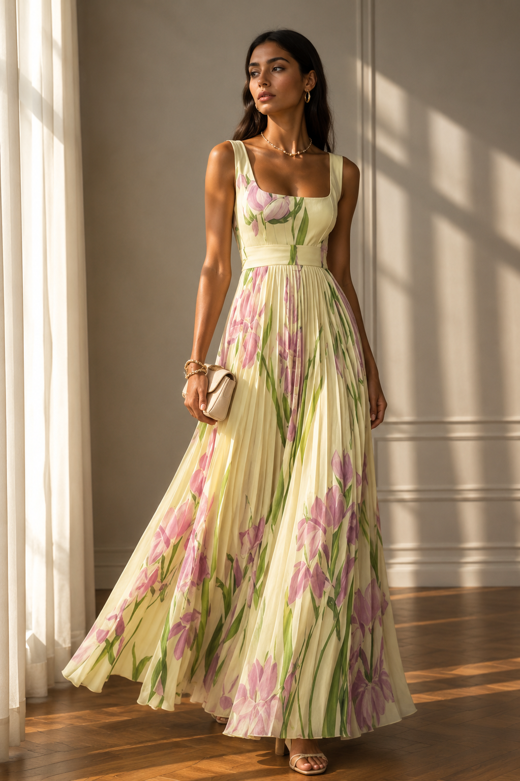 Floral Print Pleated Dress Summer A-Line Sleeveless Midi Dresses Women's Clothing