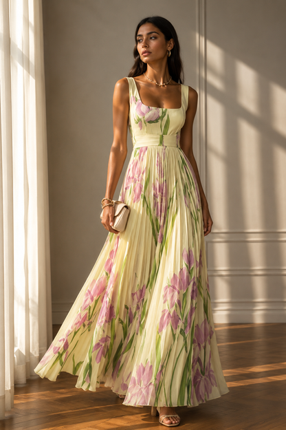 Floral Print Pleated Dress Summer A-Line Sleeveless Midi Dresses Women's Clothing