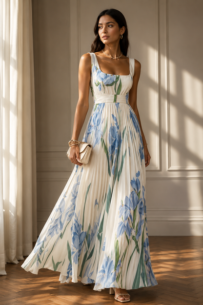 Floral Print Pleated Dress Summer A-Line Sleeveless Midi Dresses Women's Clothing