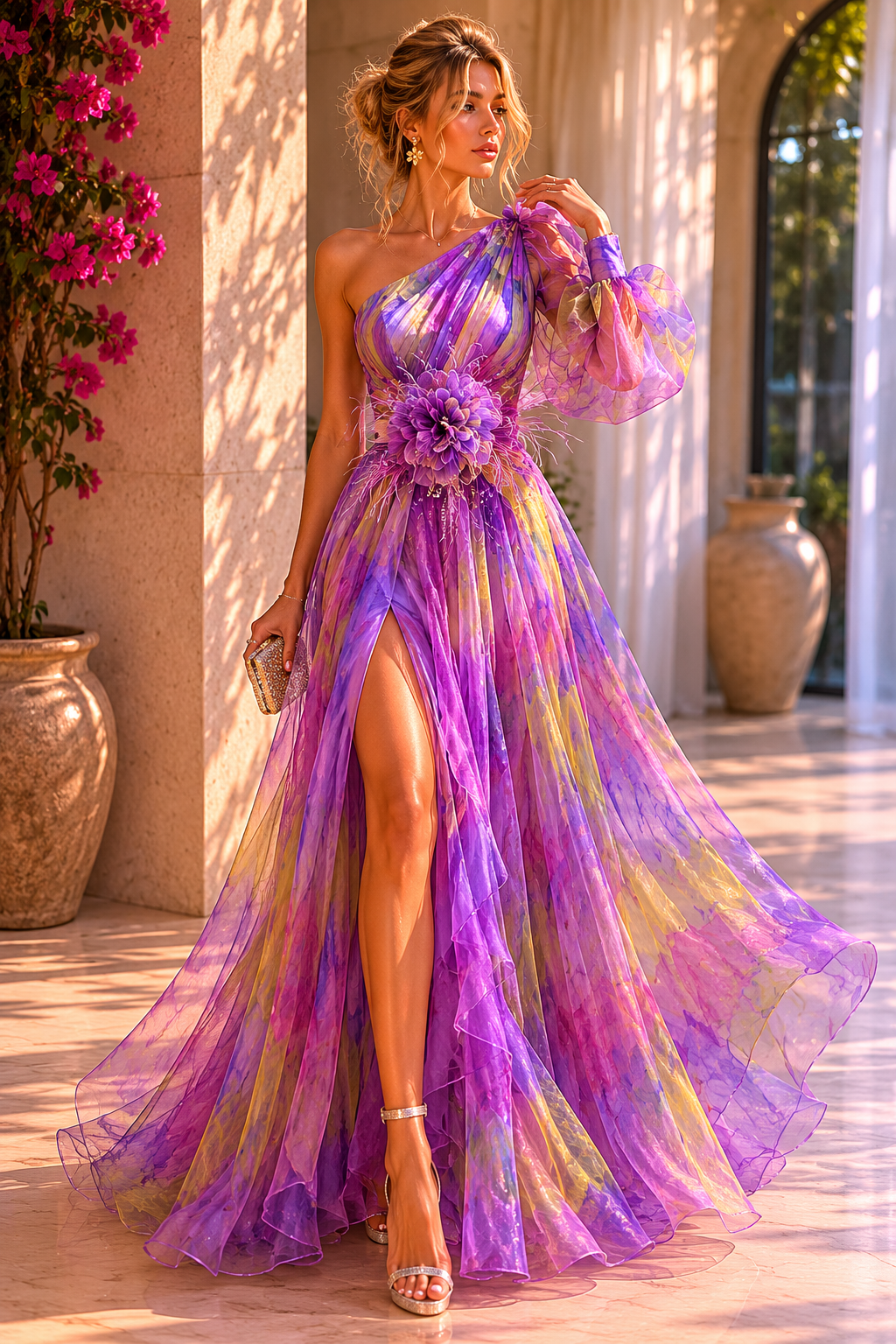 Mesh Tie-dye Printed Off-shoulder Slit Dress Summer INS Fashion Long Dress Party Womens Clothing