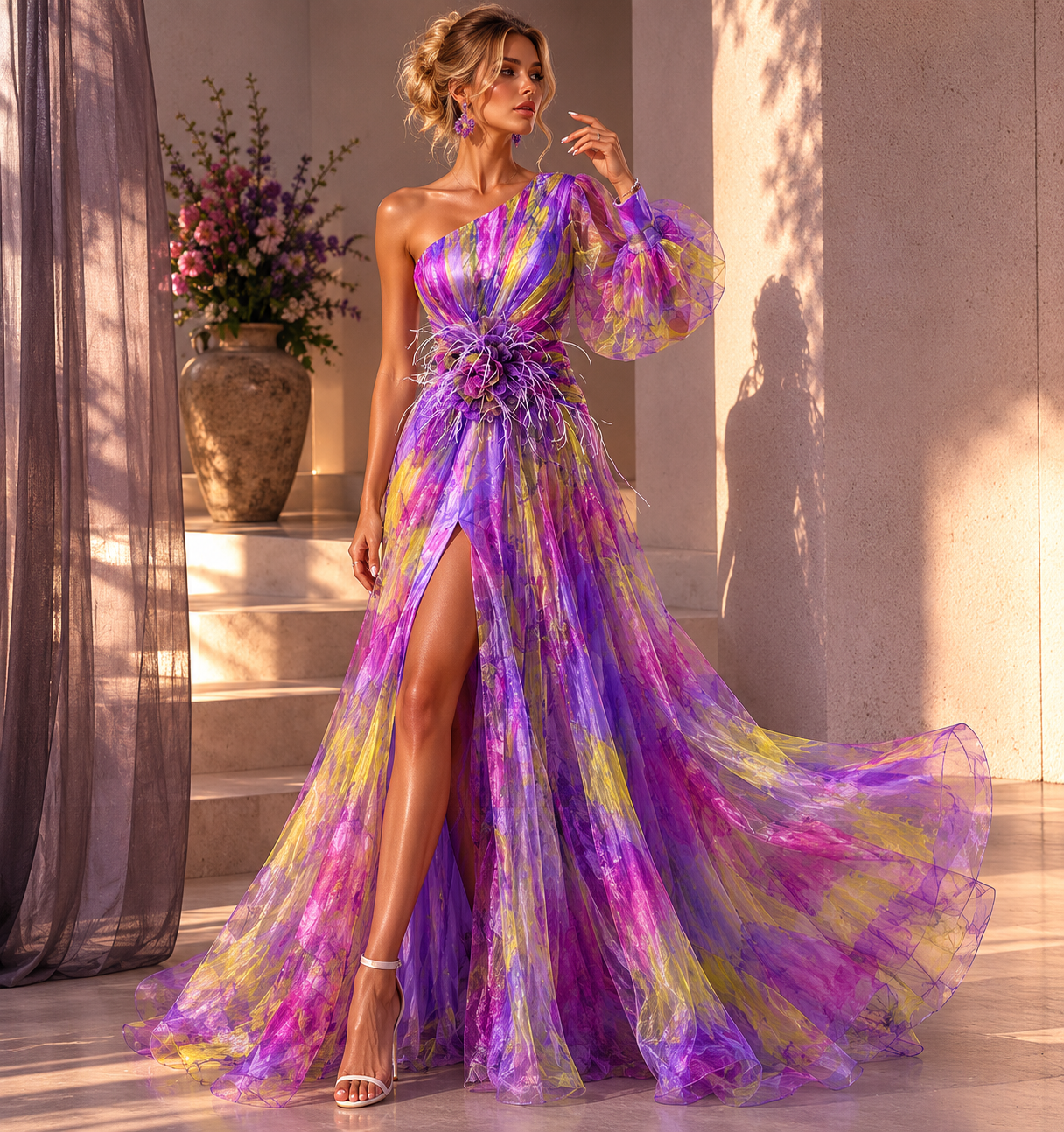 Mesh Tie-dye Printed Off-shoulder Slit Dress Summer INS Fashion Long Dress Party Womens Clothing