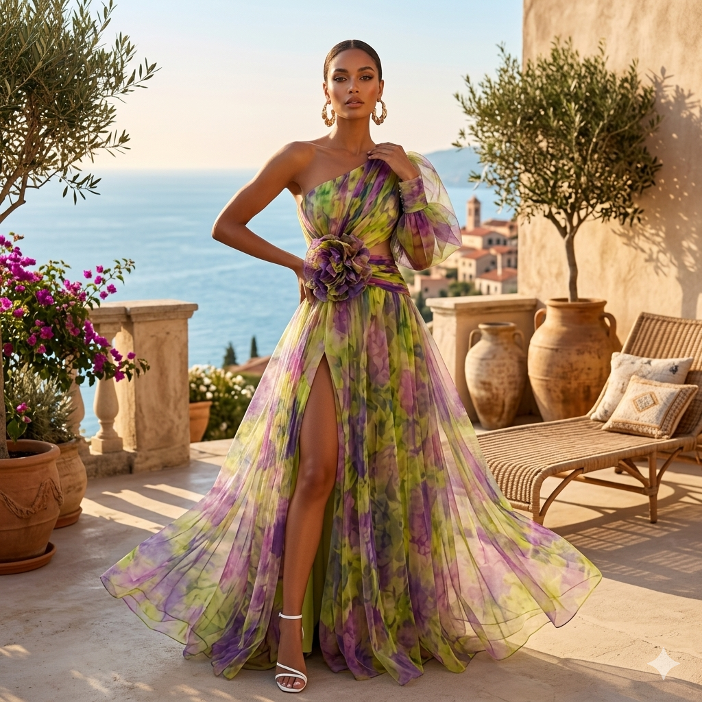 Mesh Tie-dye Printed Off-shoulder Slit Dress Summer INS Fashion Long Dress Party Womens Clothing
