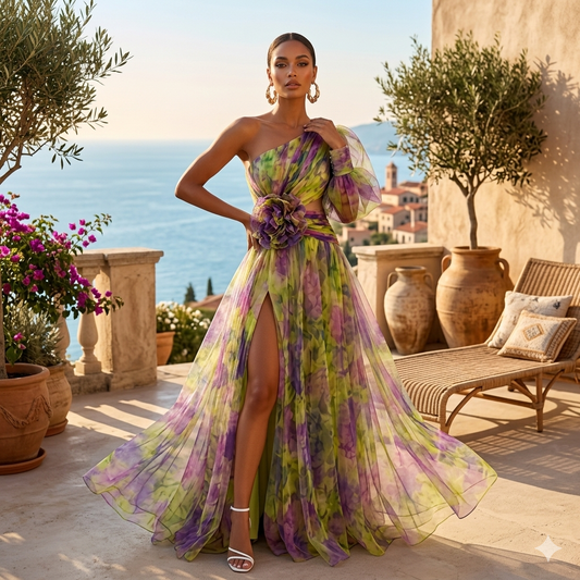 Mesh Tie-dye Printed Off-shoulder Slit Dress Summer INS Fashion Long Dress Party Womens Clothing