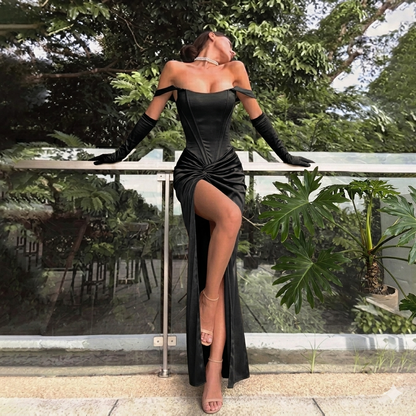Socialite Style Temperament Waist-controlled Twisted Split Satin Long Dress