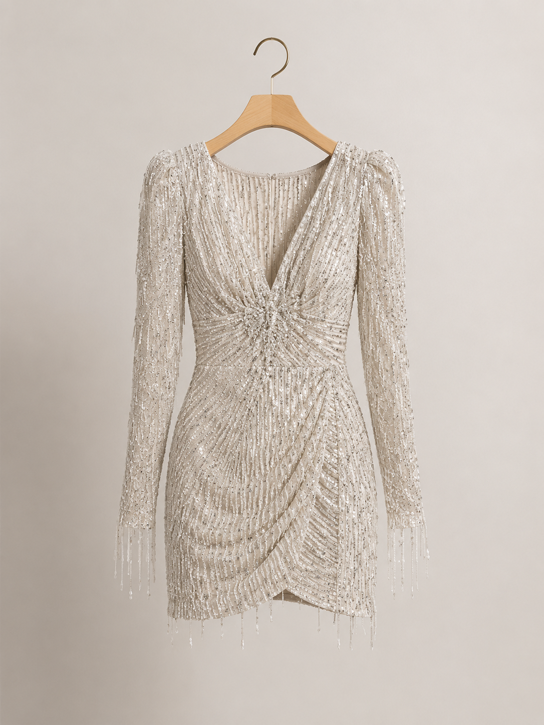Long Sleeve V-neck Sequins Irregular Tassel Sheath Dress