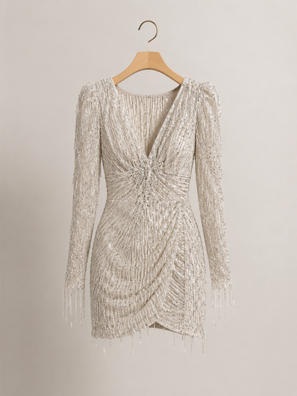 Long Sleeve V-neck Sequins Irregular Tassel Sheath Dress